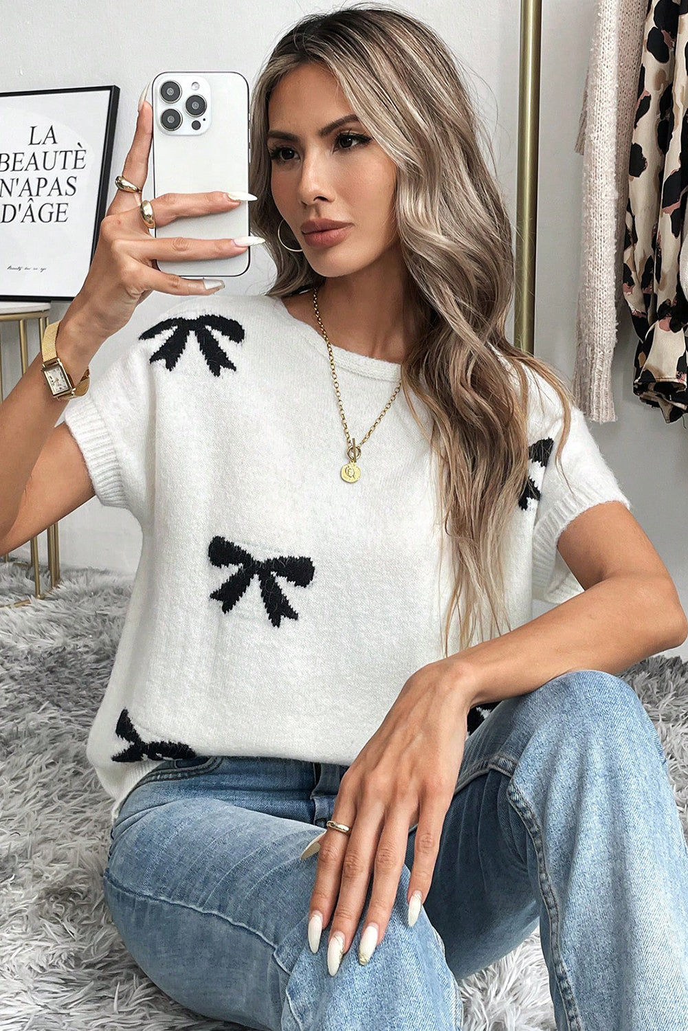 Black Bow Pattern Knit Short Sleeve Sweater