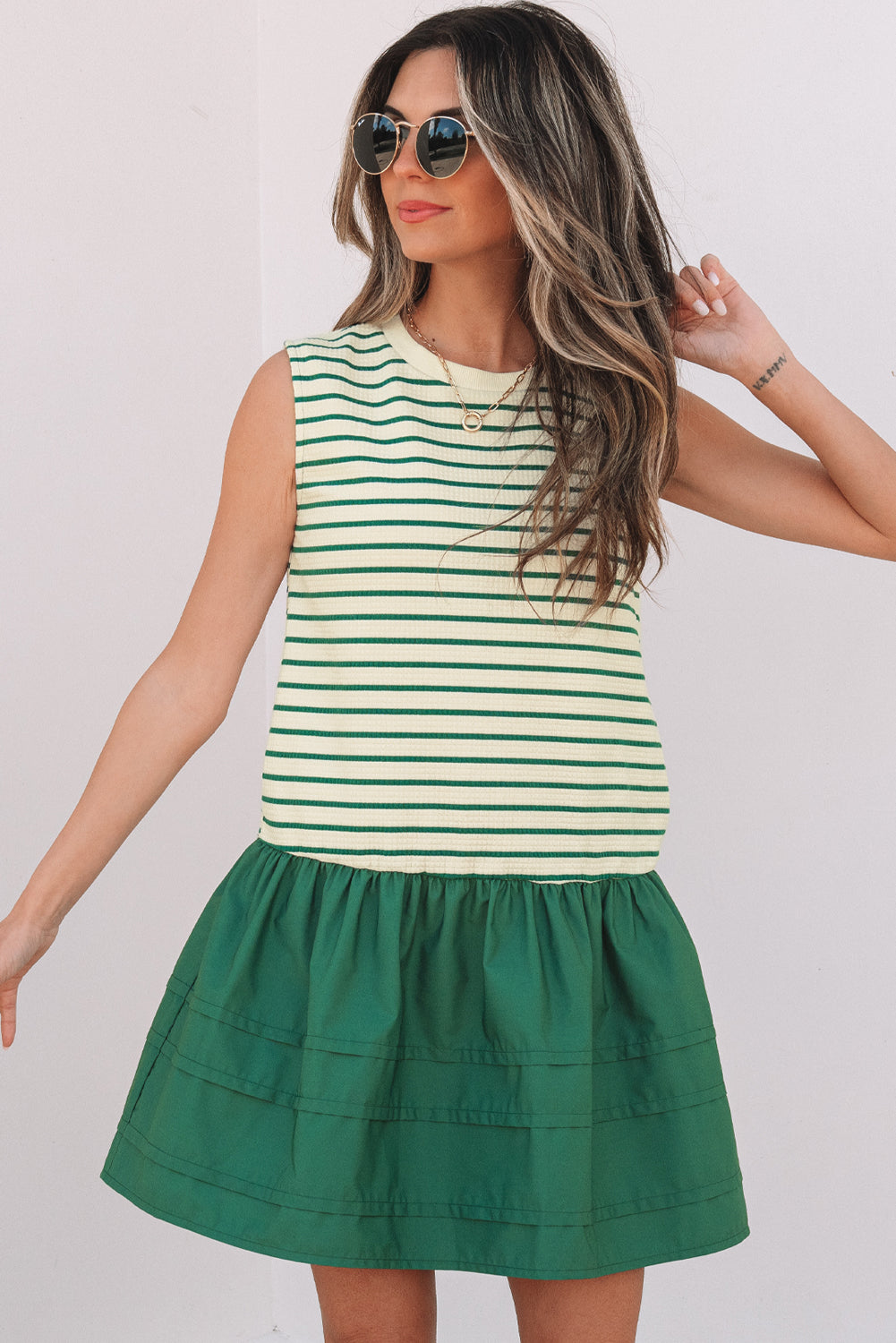 Green Stripe Woven Ruffled Sleeveless Mini Dress