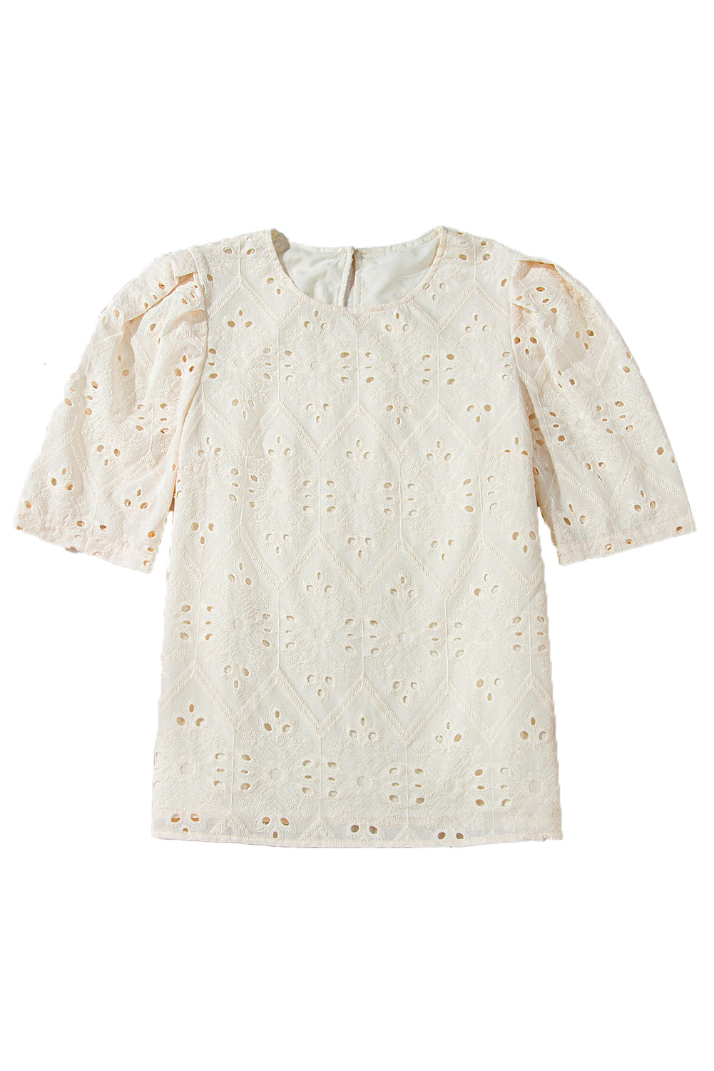 Beige Eyelet Embroidered Half Sleeve Casual Blouse