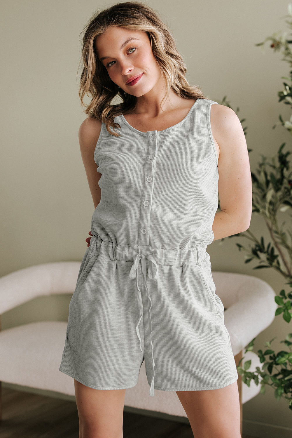 Light Grey Waffle Knit Sleeveless Buttoned Front Drawstring Waist Romper