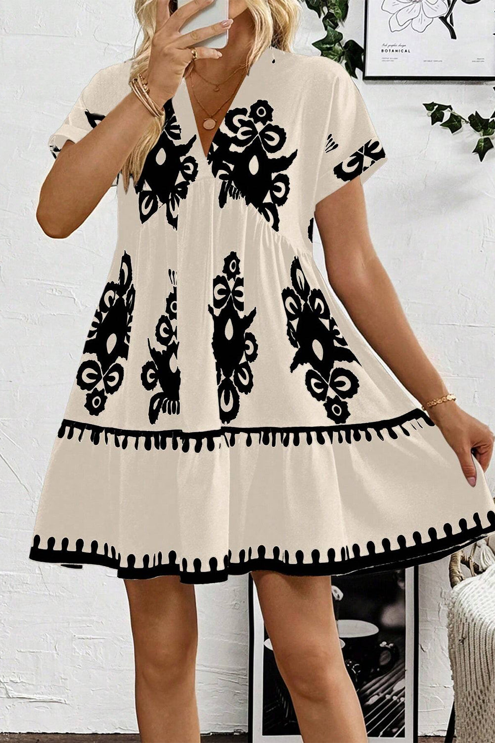 Black Vintage Print V Neck High Waist Short Sleeve Dress