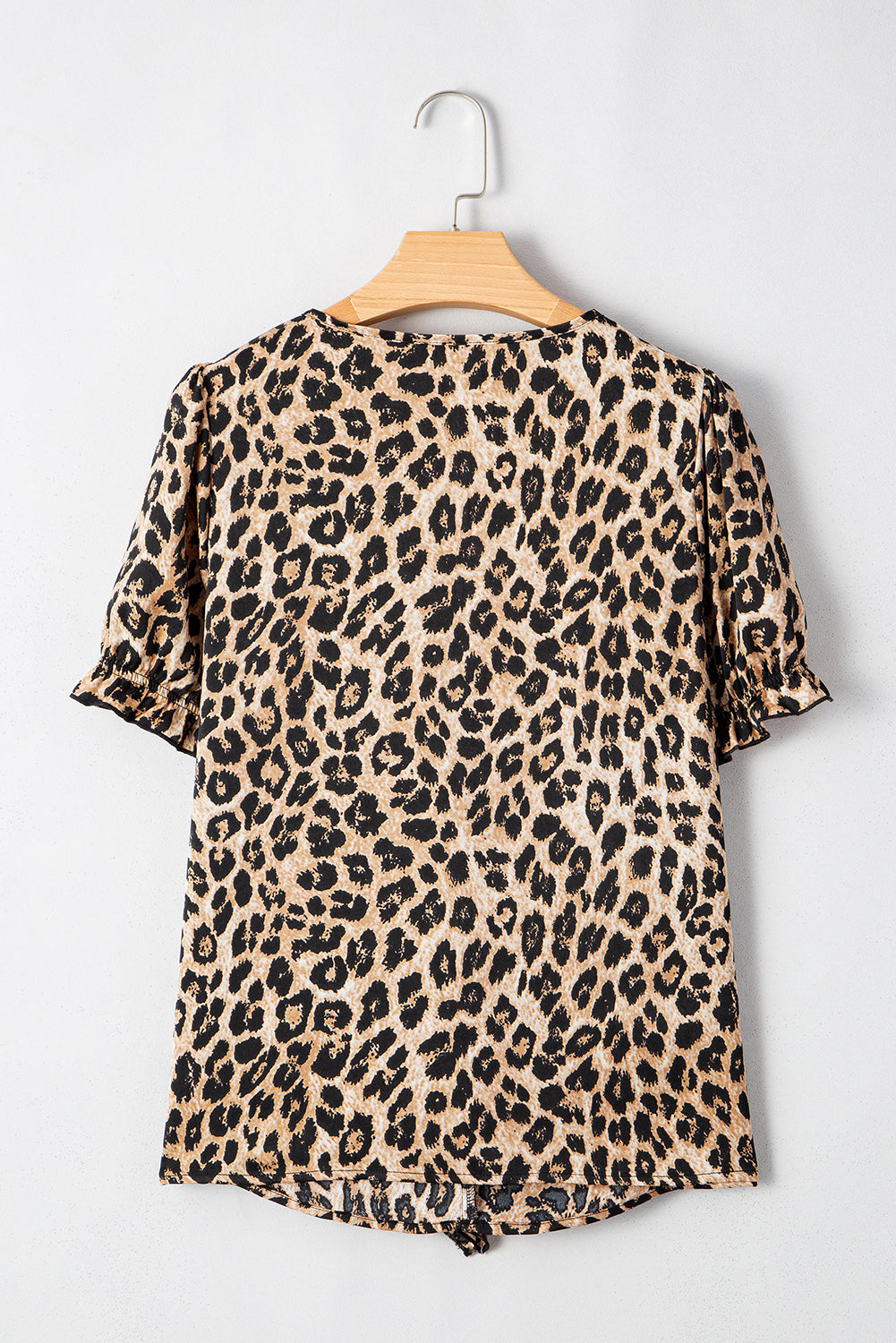 Khaki Leopard Ruffled Neck Cascading Puff Short Sleeve Top