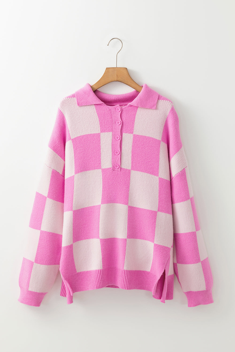 Pink Checkerboard Half Button Collared Drop Shoulder Sweater