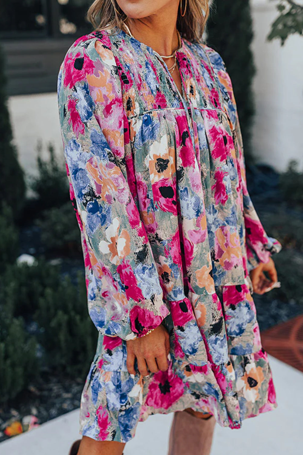 Multicolour Floral Tie Neck Bubble Sleeve Shift Dress