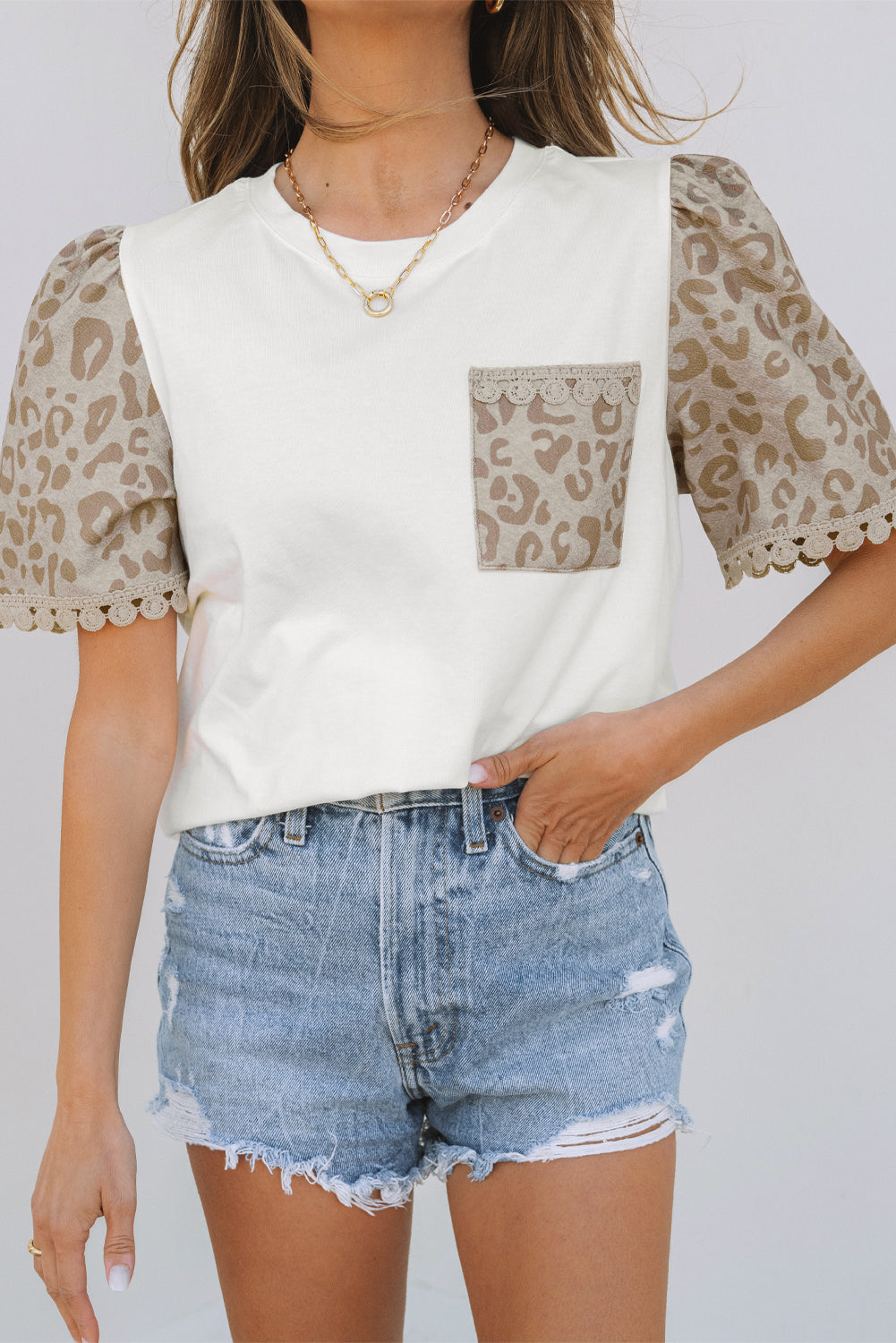 White Leopard Patchwork Crochet Lace Trim Puff Sleeve T Shirt