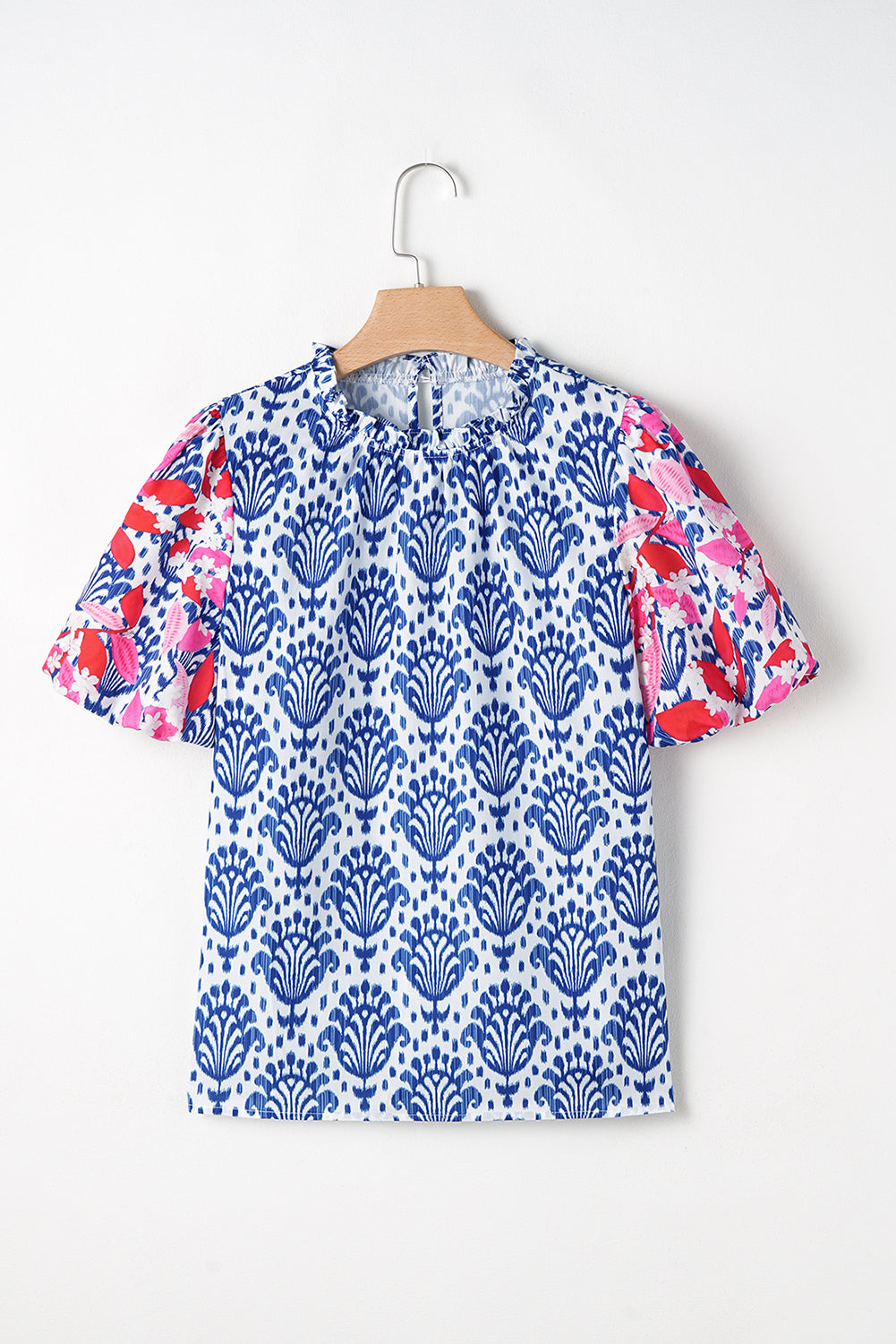 Blue Western Fashion Print Floral Puff Sleeve Frilled Neck Blouse