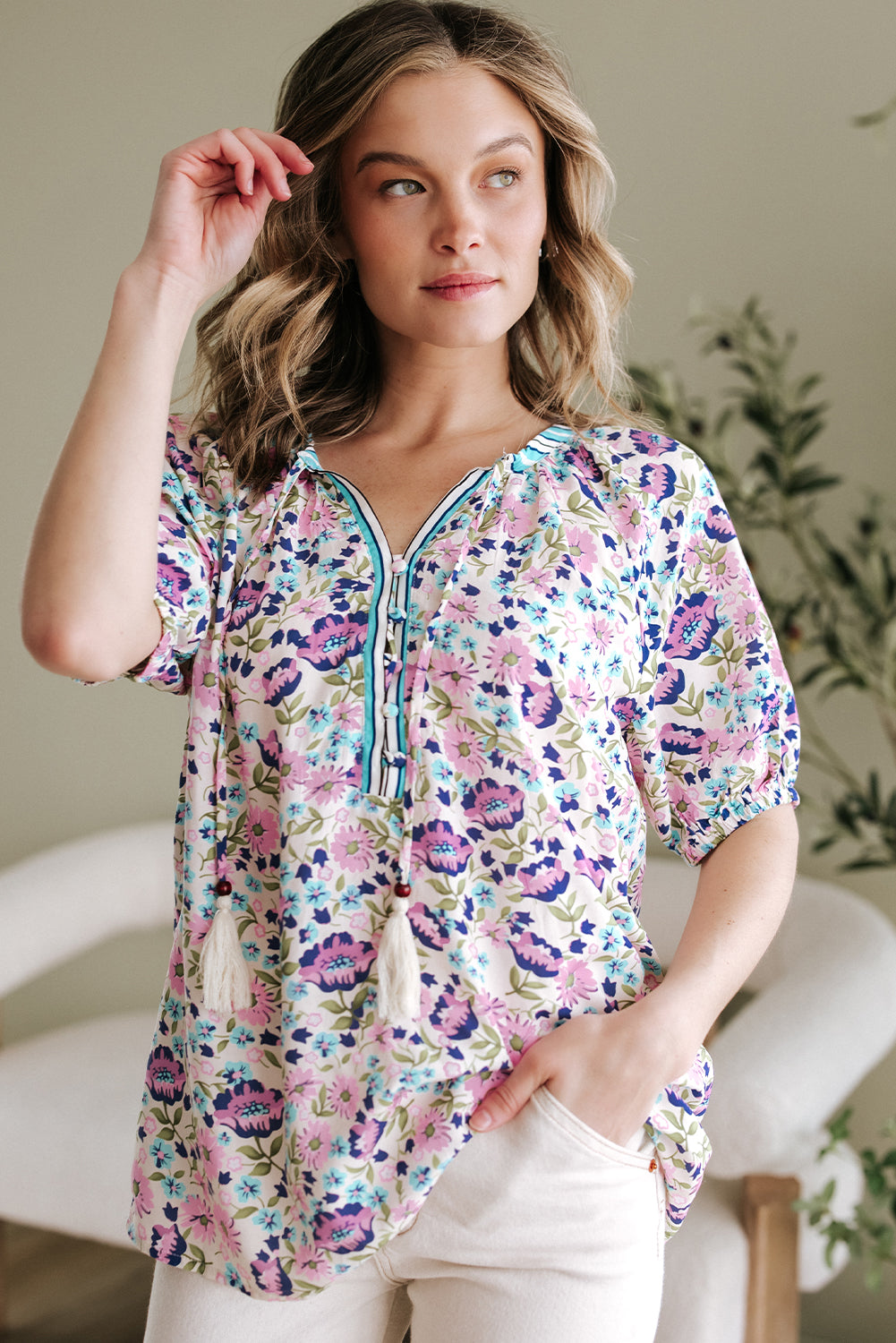 Multicolour Bohemian Floral V Neck Loose Half Sleeve Blouse