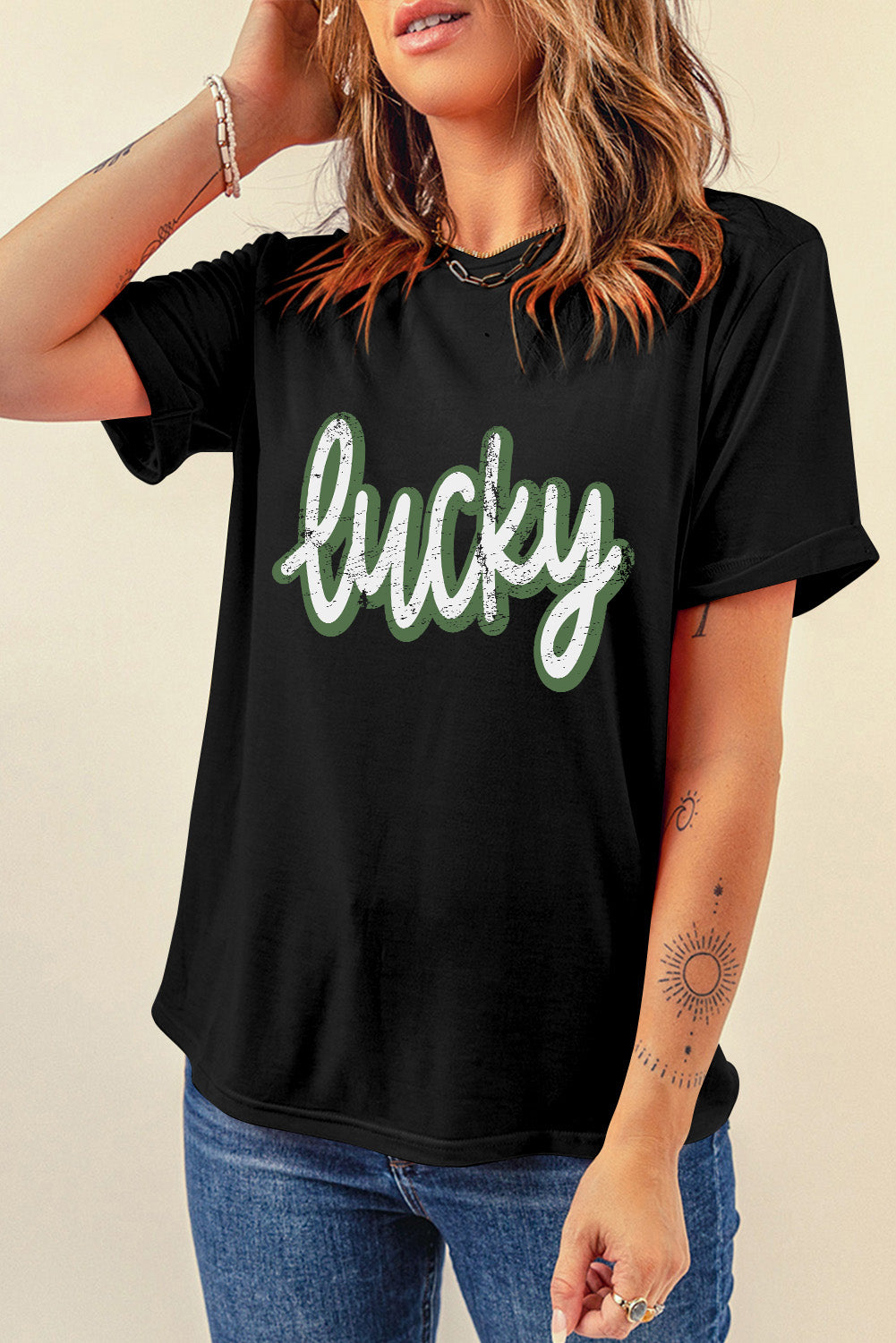 Black St Patricks Day lucky Cracked Letter Graphic T Shirt