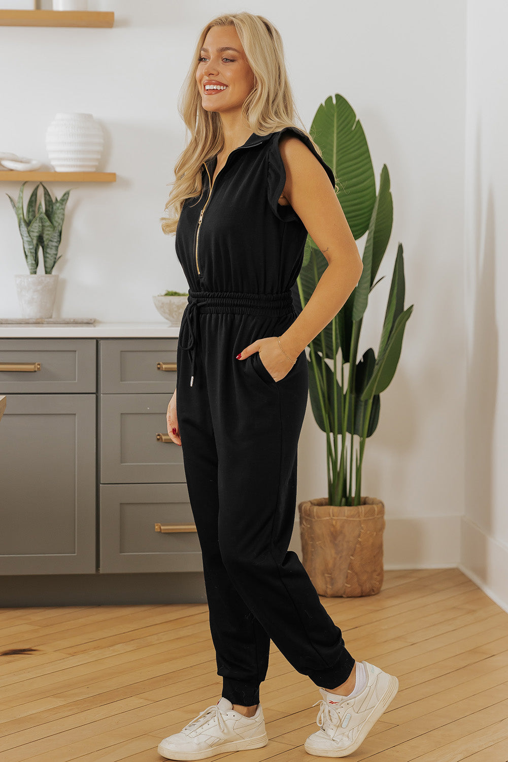 Black Zipper Flutter Sleeve Drawstring High Waist Jumpsuit