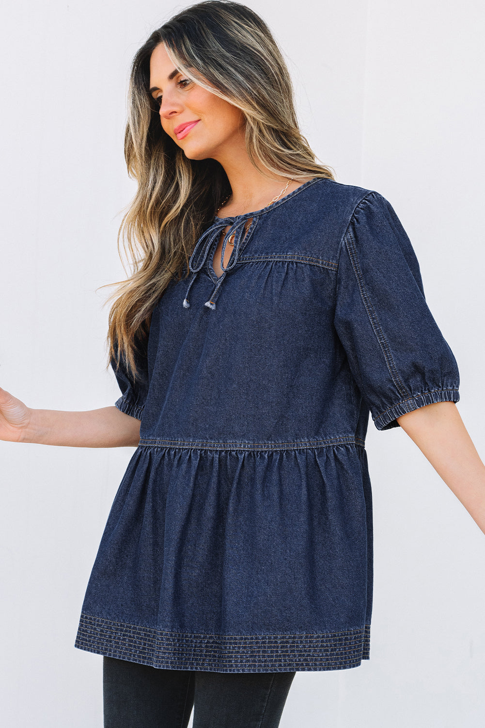 Sail Blue Puff Sleeve Lace-up Neckline Splicing Denim Blouse