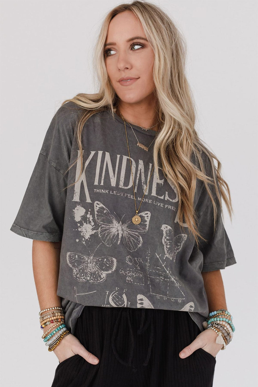 Dark Grey Kindness Butterflies Graphic Mineral Wash Loose Tee