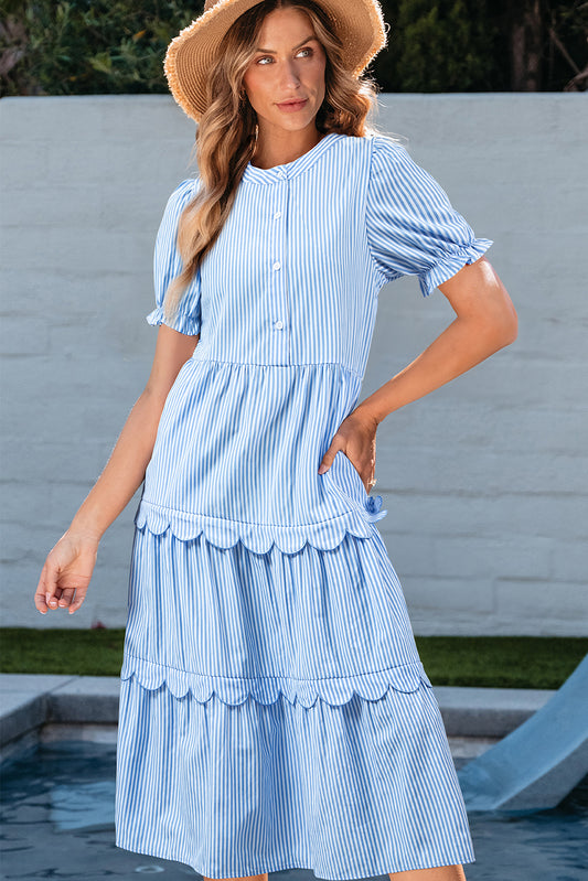 Sky Blue Stripe Bubble Short Sleeve Tiered Scallop Long Dress