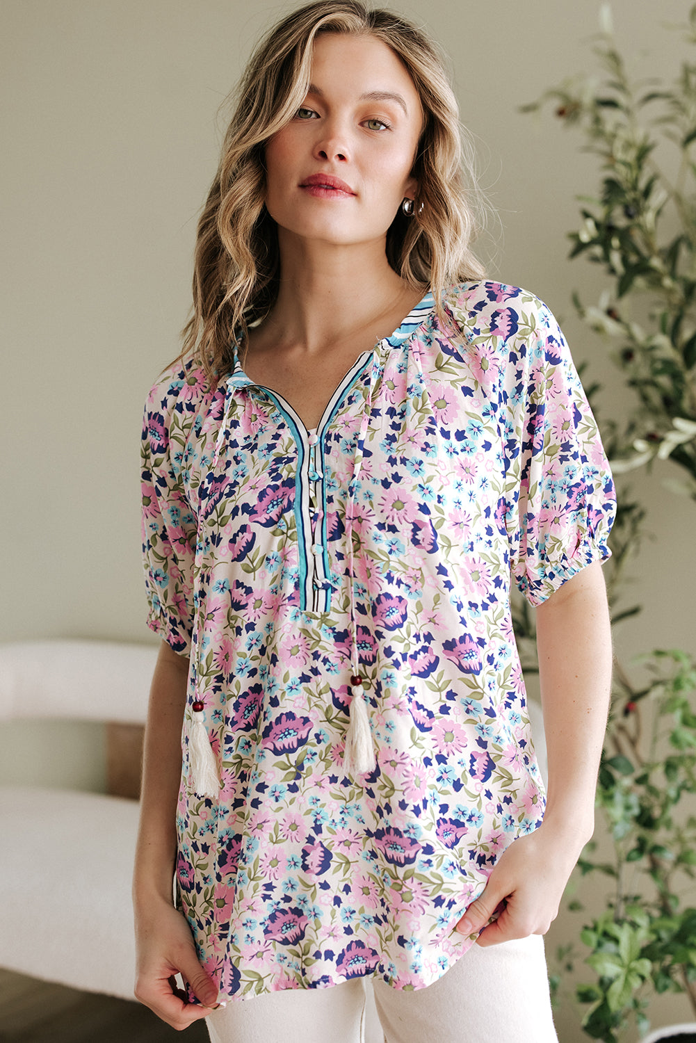 Multicolour Bohemian Floral V Neck Loose Half Sleeve Blouse