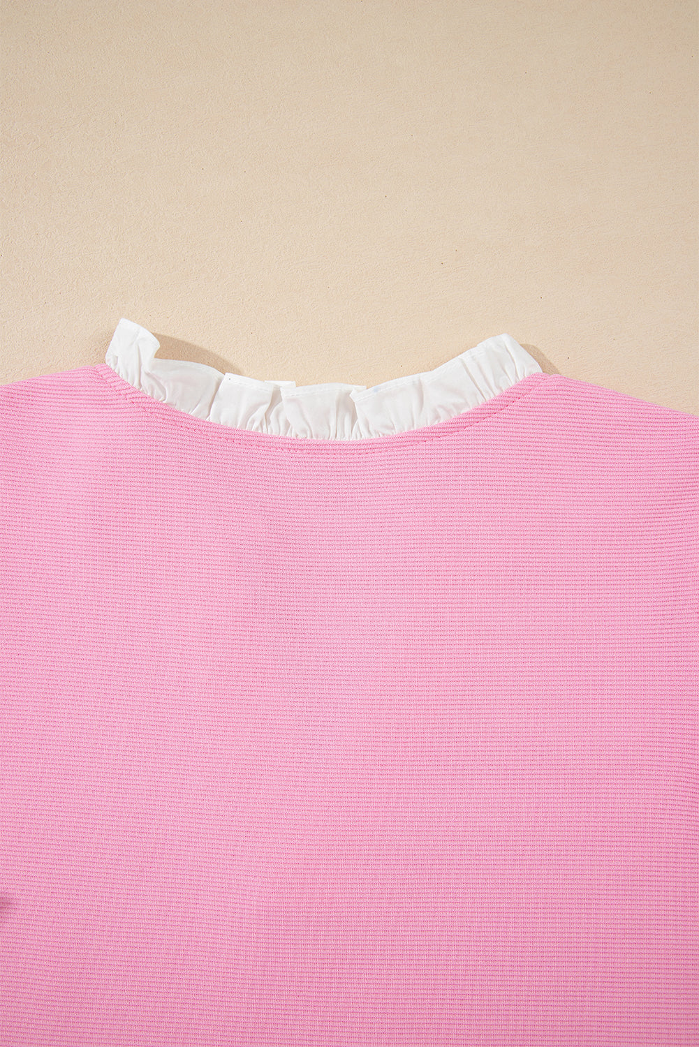 Pink Contrast V Neck Ruffled Textured Knit Top