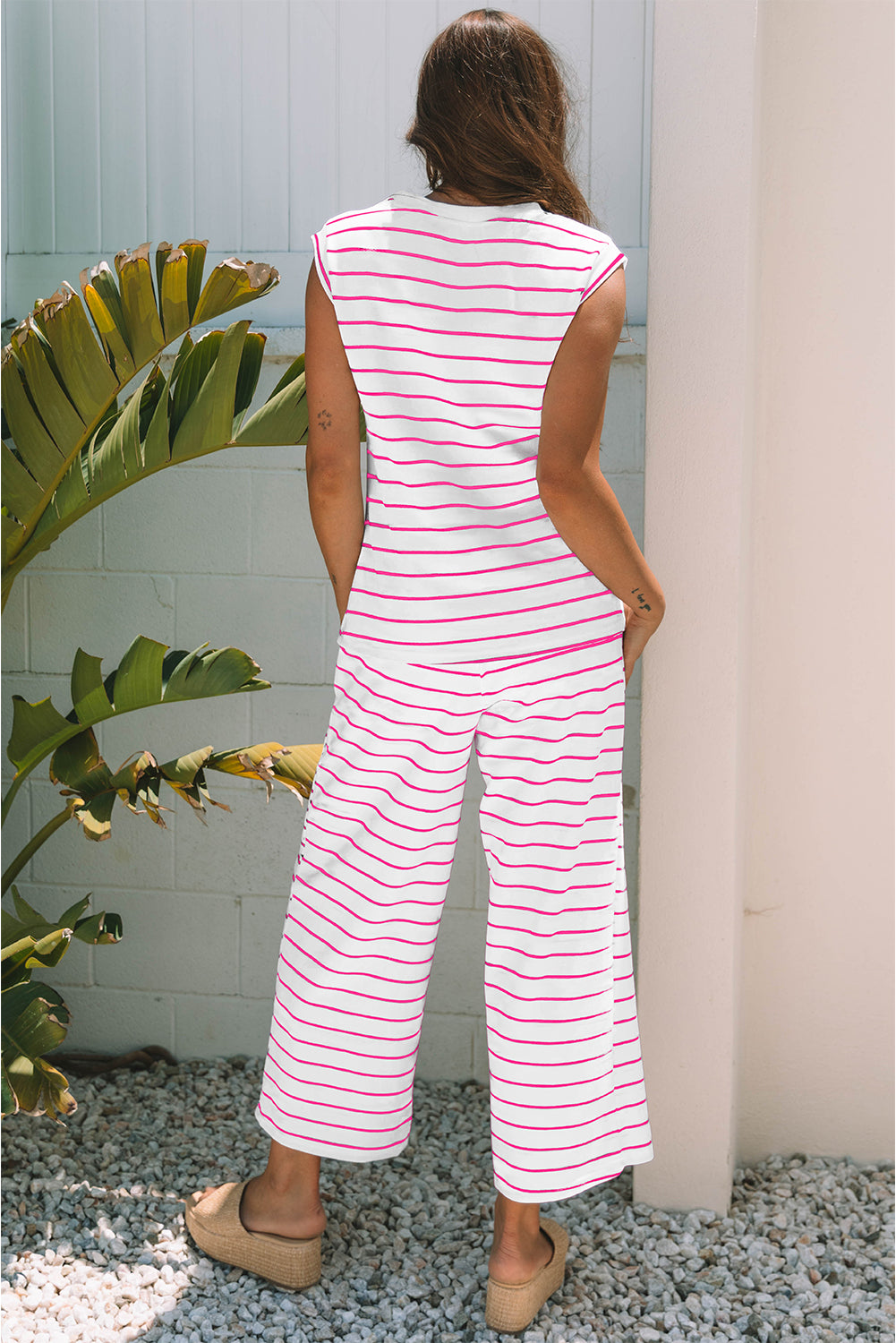 Rose Stripe Casual Wide Leg 2pcs Pants Set
