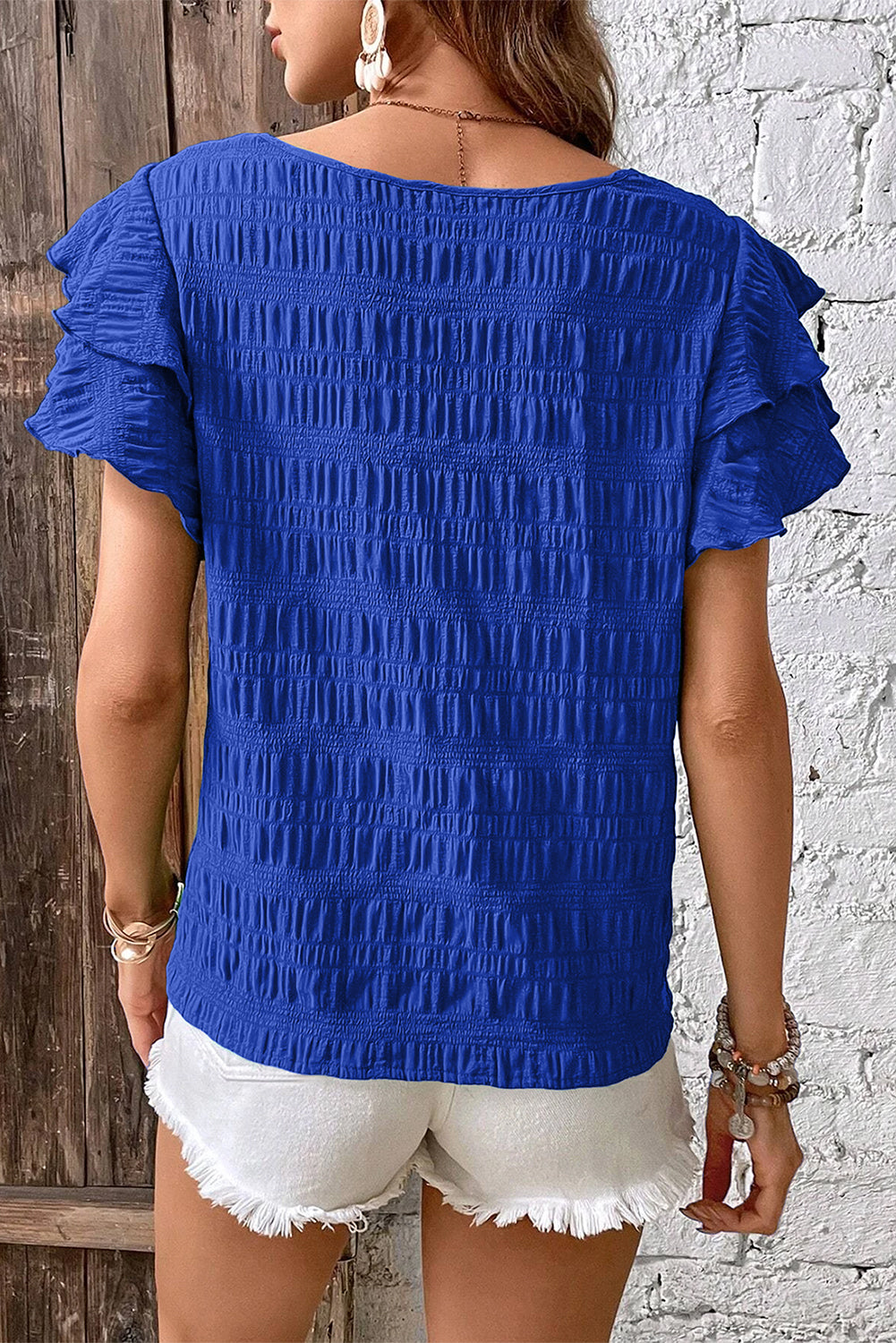 Dark Blue Textured Ruffled Sleeve Round Neck Top