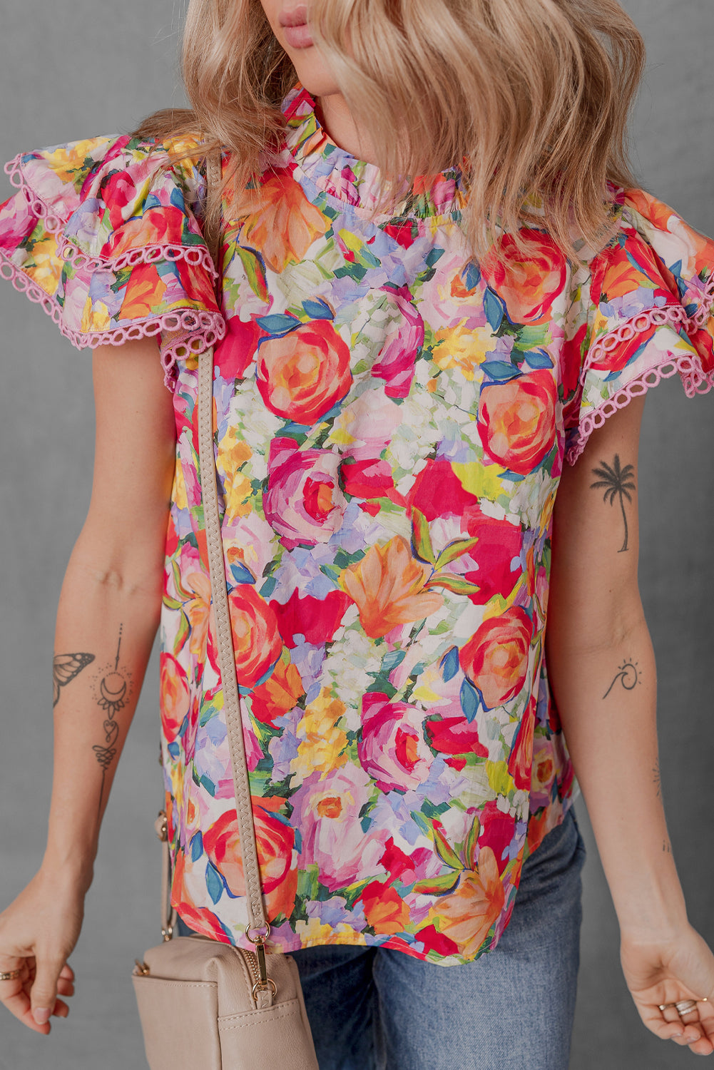 Multicolour Lace Trim Ruffle Short Sleeve Floral Blouse