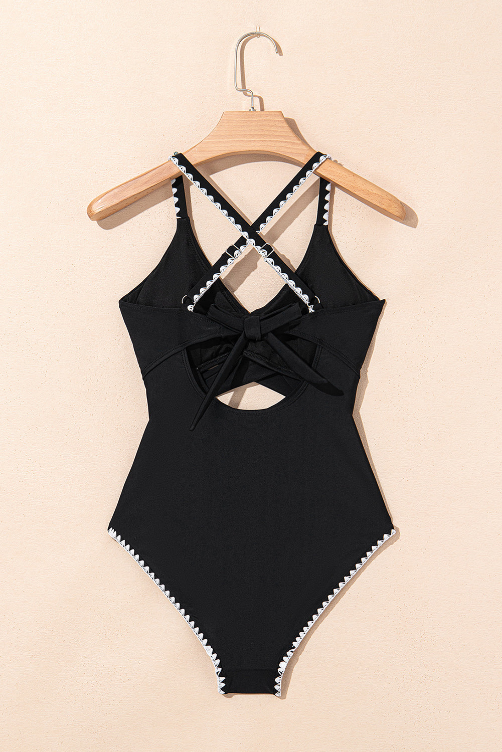 Black Ric Rac Trim Contrasted Patchwork Cutout One Piece Swimsuit