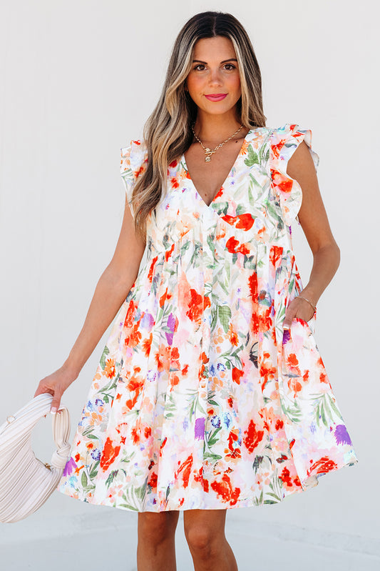 Pink Floral Double Ruffle Sleeve V Neck High Waist Mini Dress