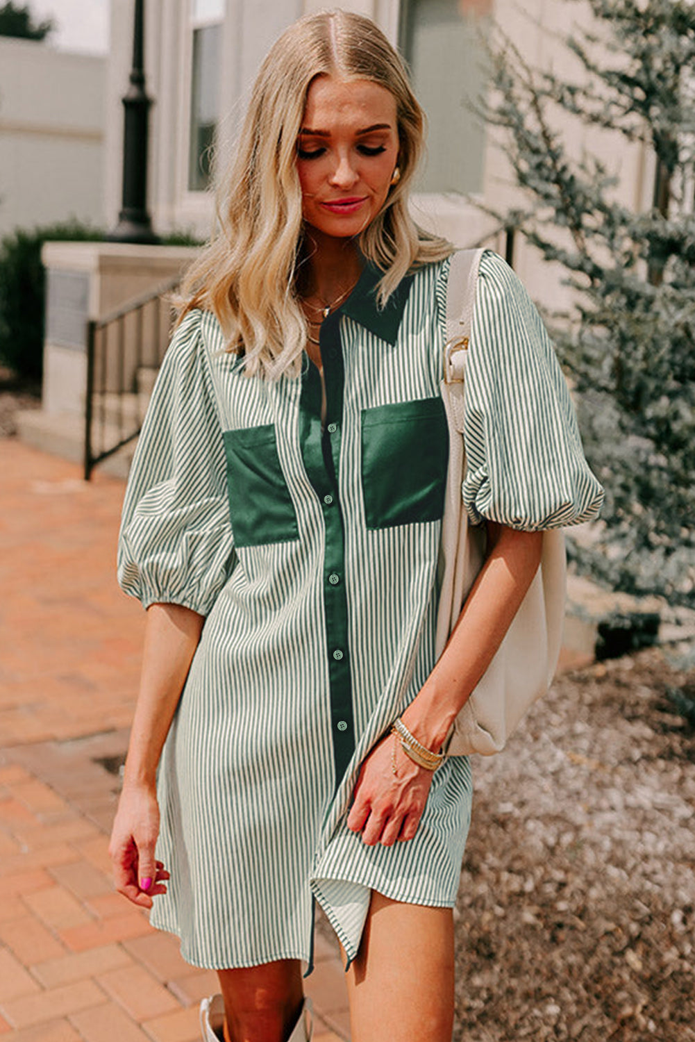 Green Patch Pockets Button Down Short Puff Sleeve Dress