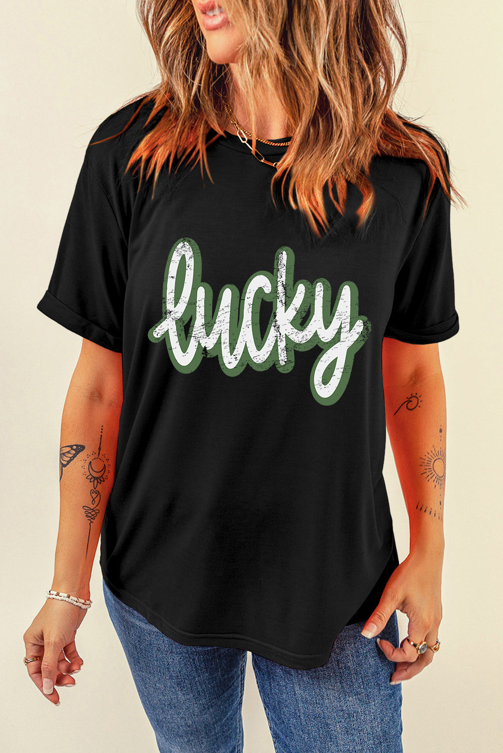 Black St Patricks Day lucky Cracked Letter Graphic T Shirt