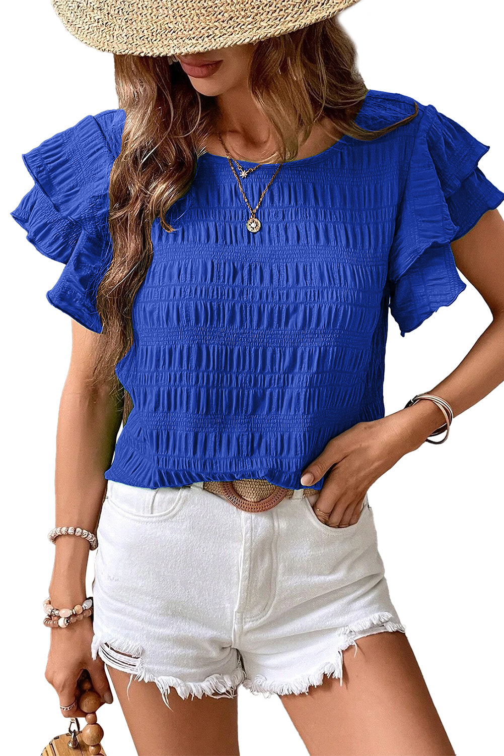 Dark Blue Textured Ruffled Sleeve Round Neck Top