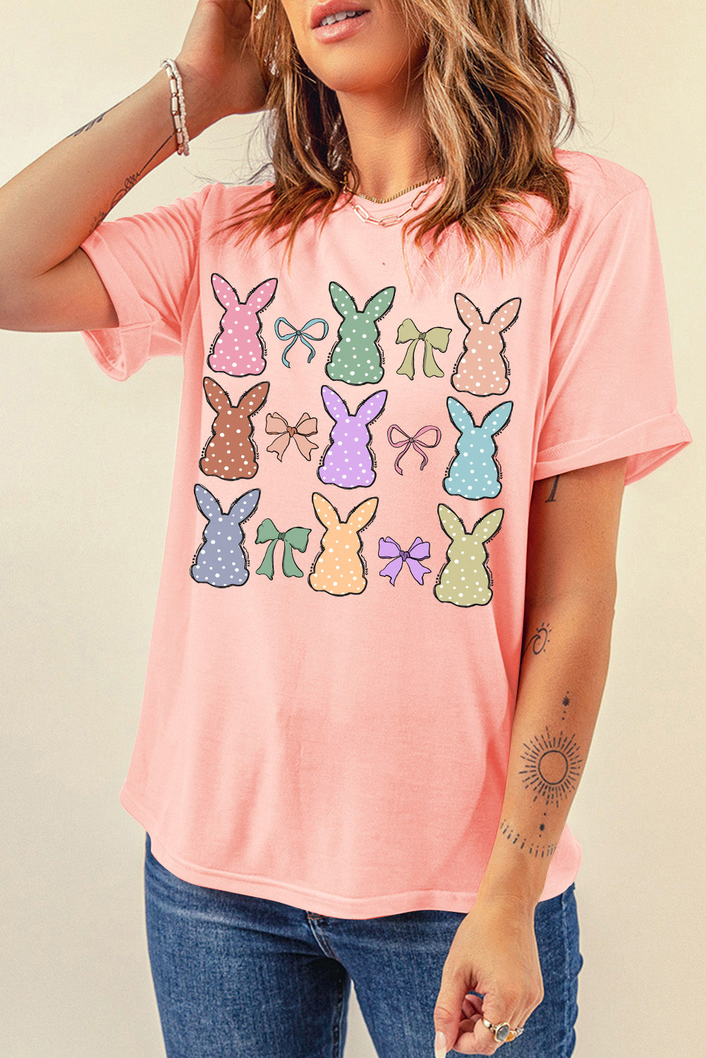 Pink Dotty Bunny Bow Printed Easter Day Fashion T Shirt