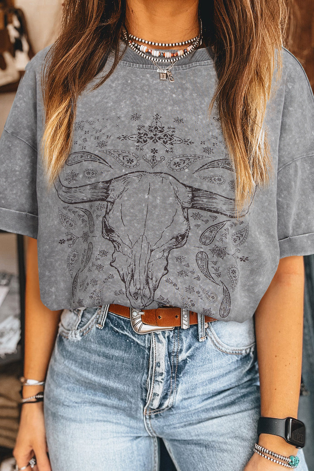 Light Grey Western Steer Head Tie Dye Print Crew Neck T Shirt