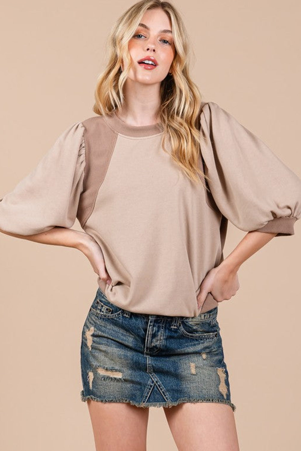 Goat Half Lantern Sleeve Solid Colour Pullover Top