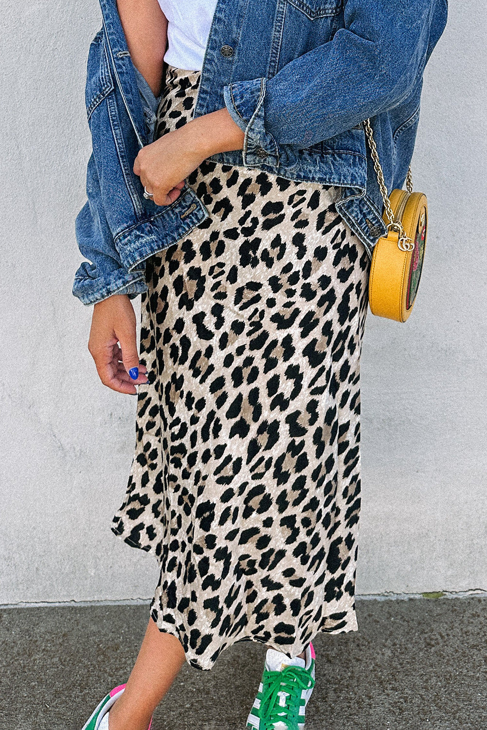 Brown Leopard Print High Waist Midi Skirt