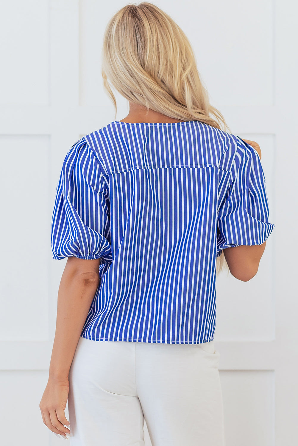 Blue Stripe Tied Front Puff Short Sleeve Blouse