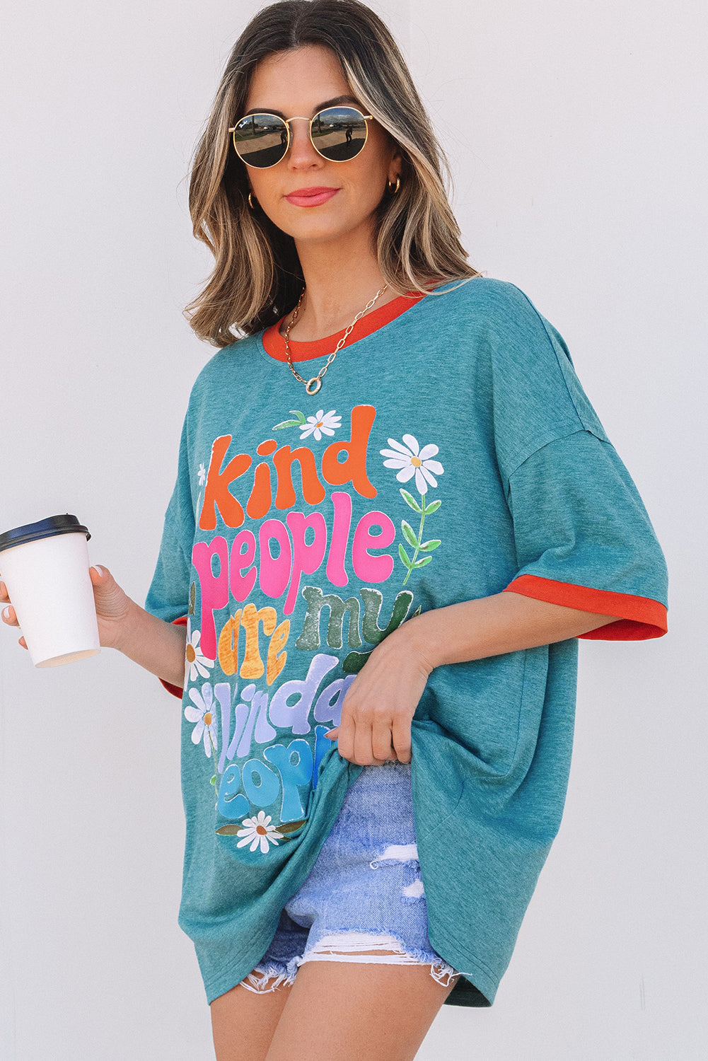 Dusk Blue Kind People are My Kind People Graphic Oversized Tee