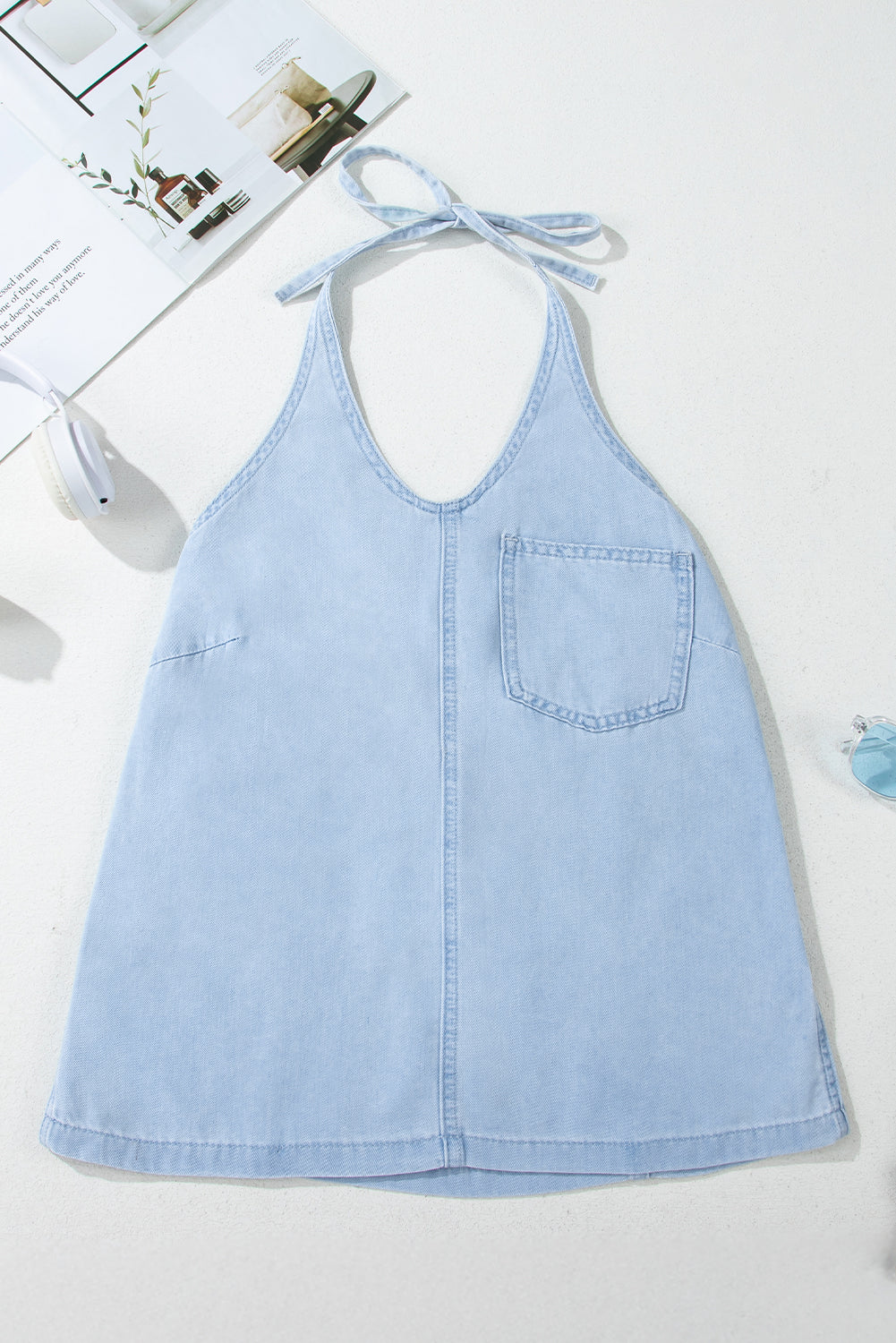 Beau Blue Knotted Open Back Halterneck Denim Tank Top