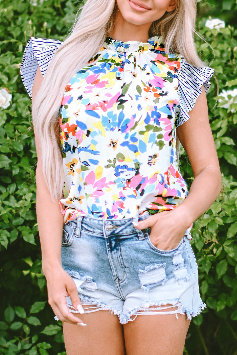 Light Blue Floral Print Striped Ruffled Sleeve Blouse