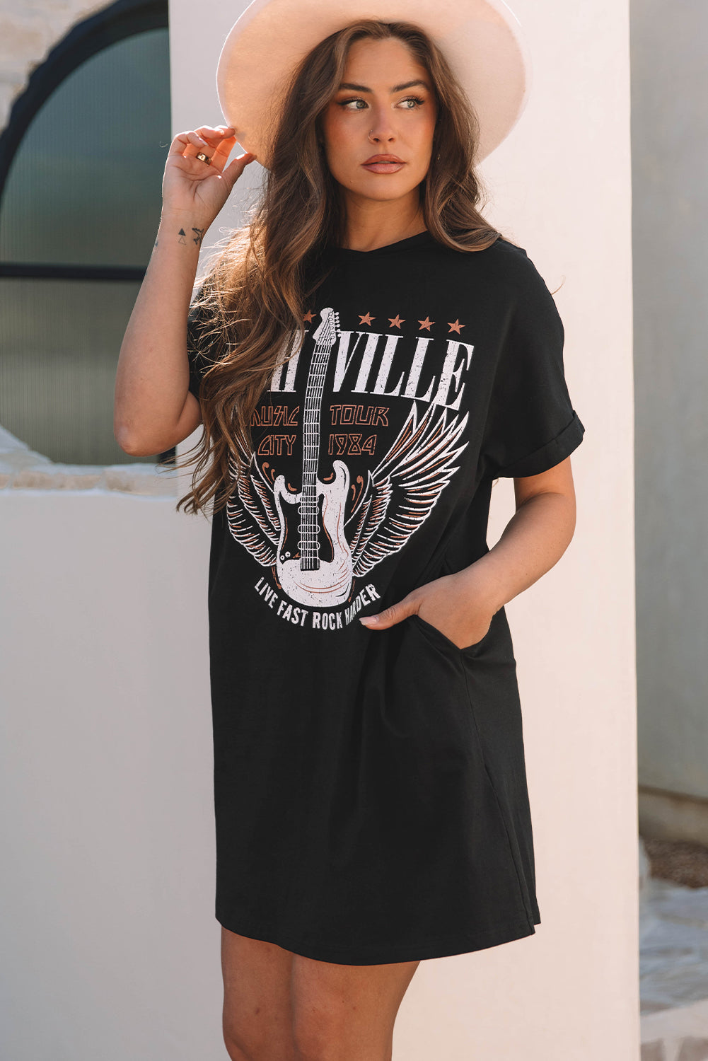 Black Nashville Guitar Print Crew Neck T Shirt Mini Dress