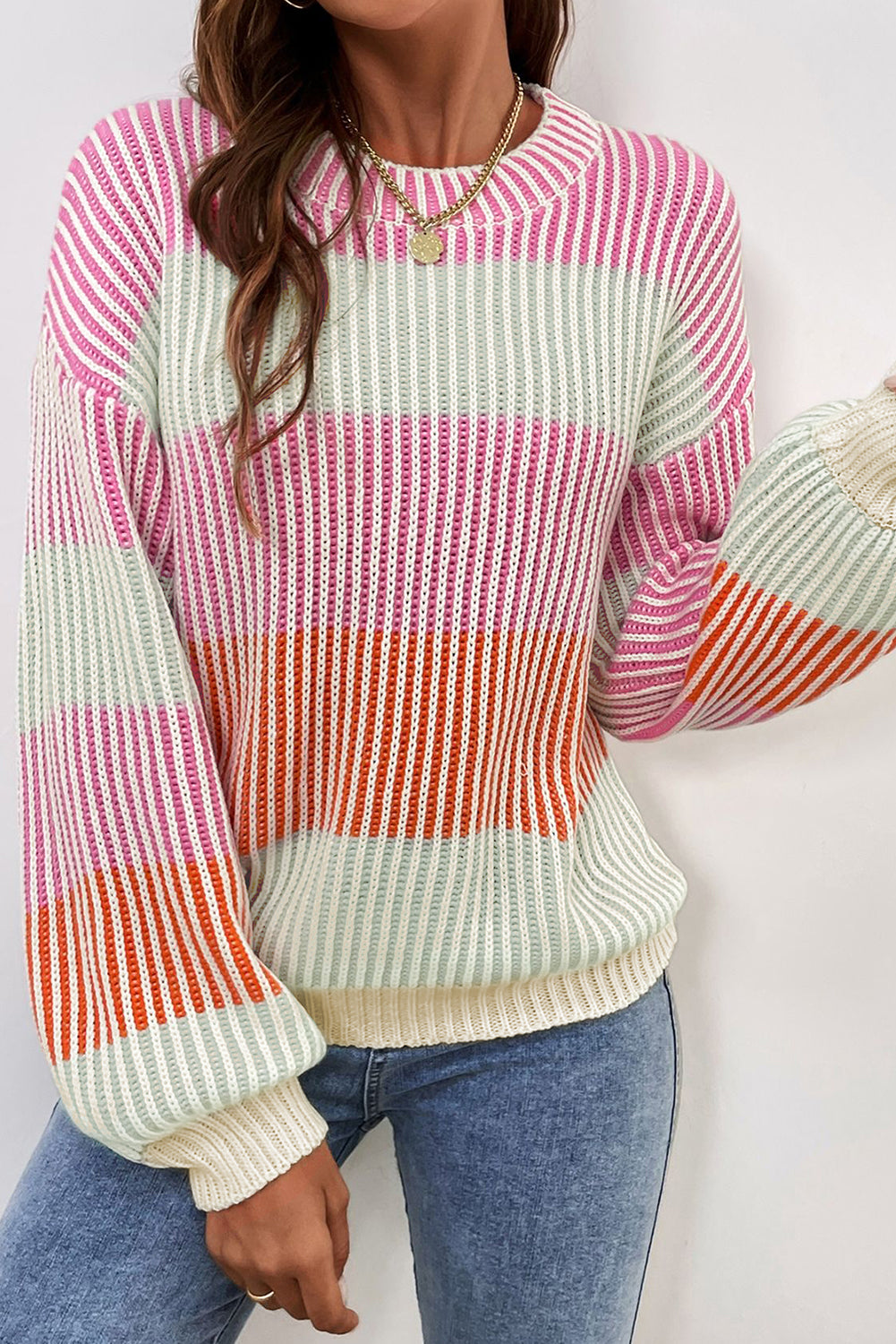 Pink Colorblock Textured Knit Bubble Sleeve Sweater