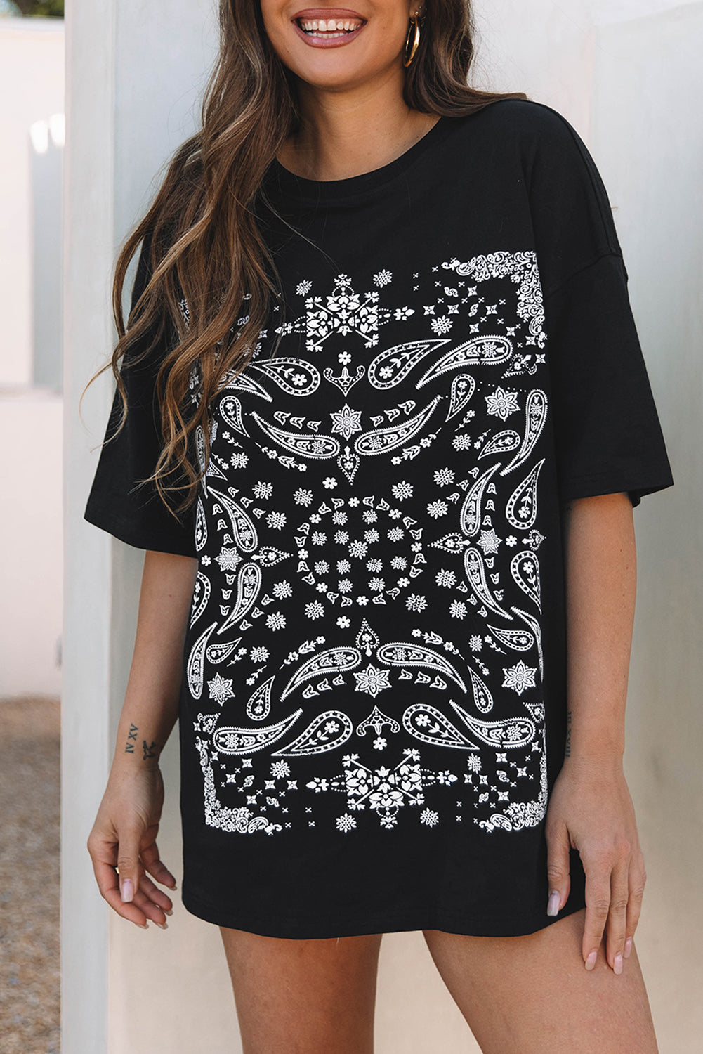 Black Paisley Print Crew Neck Loose Fit Tunic Tee