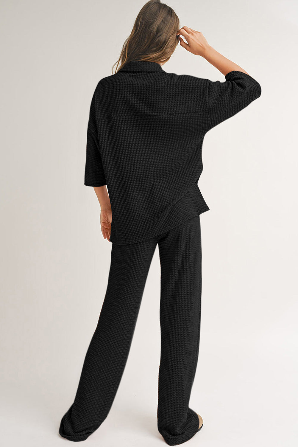 Black Solid Color Textured Buttoned Shirt and Casual Pants Set