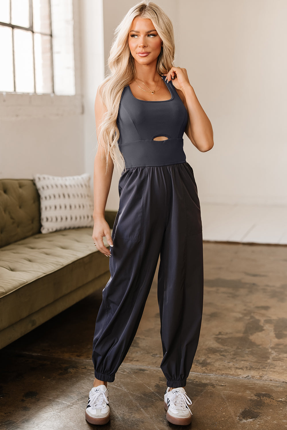 Carbon Grey Back Crossed Straps Hollow Out Jogger Jumpsuit