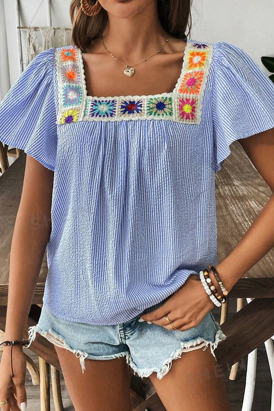 Sky Blue Stripe Textured Ruffle Short Sleeve Boho Detail Square Neck Blouse