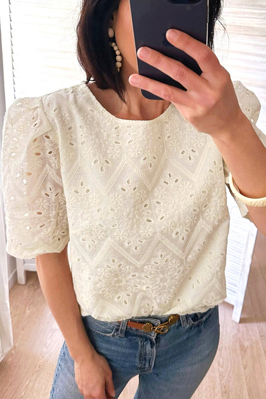 Beige Eyelet Embroidered Half Sleeve Casual Blouse