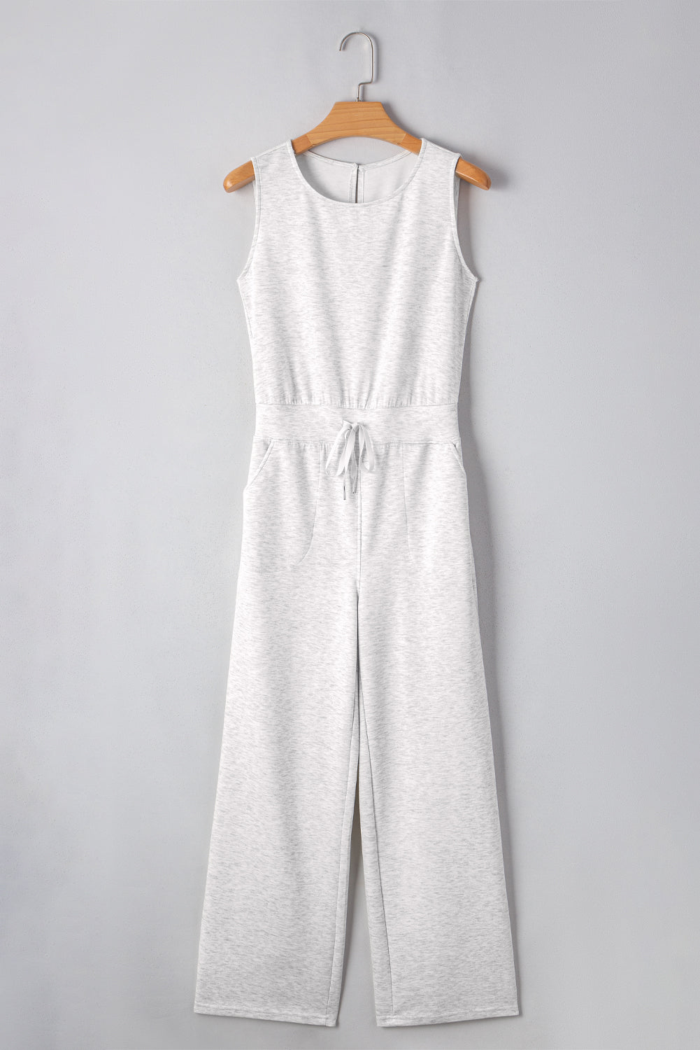 Light Grey Solid Color Crew Neck Drawstring High Waist Sleeveless Jumpsuit