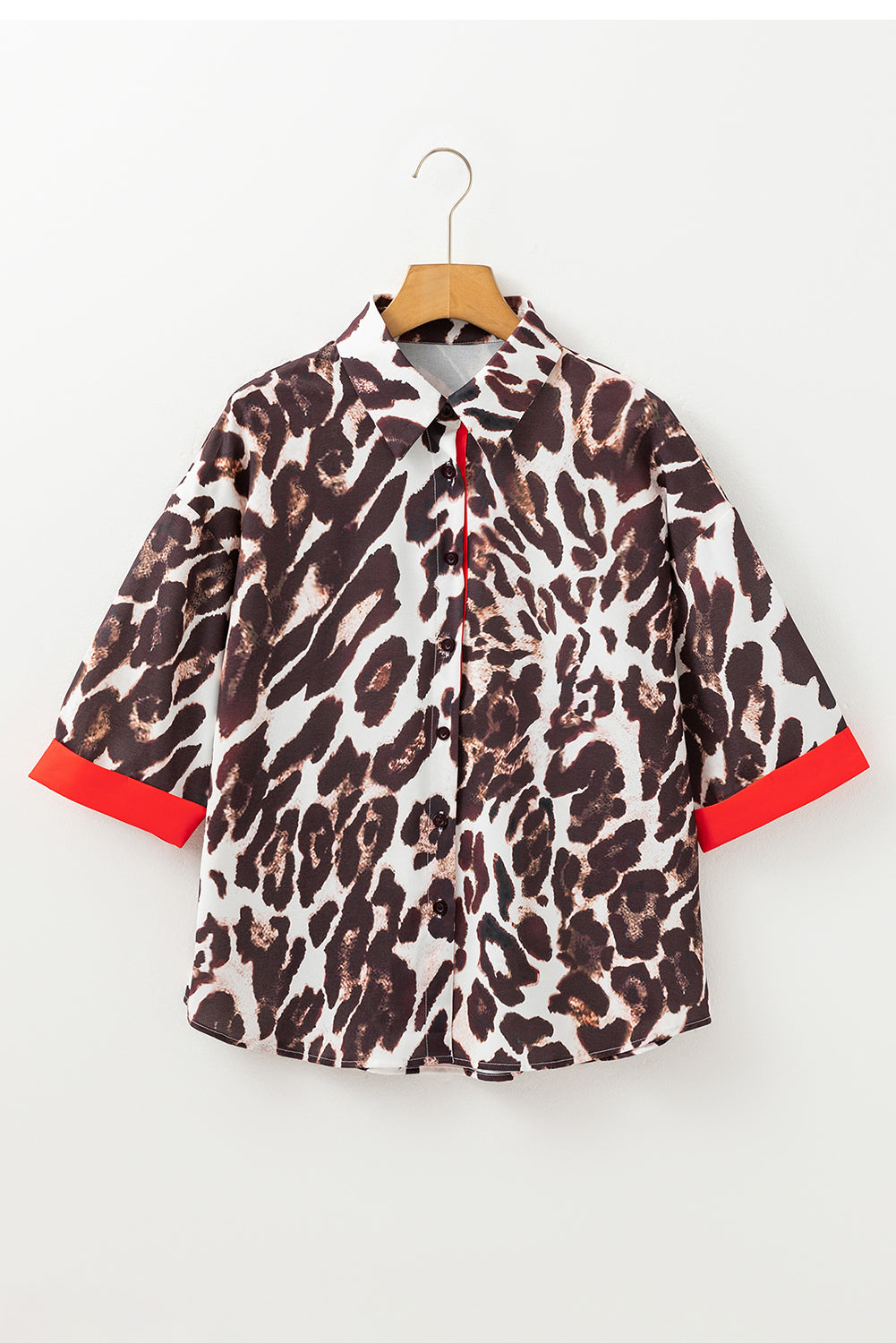 Dark Brown Contrast Trim Patchwork Leopard Print Half Sleeve Shirt