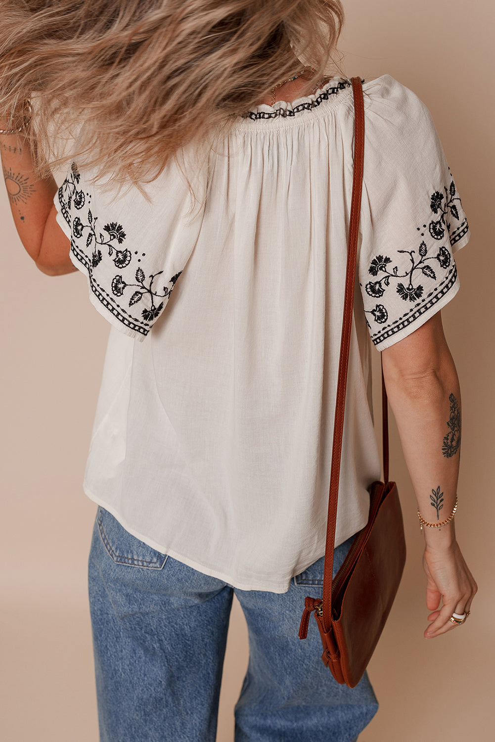 White Floral Embroidered Short Sleeve V Neck Blouse