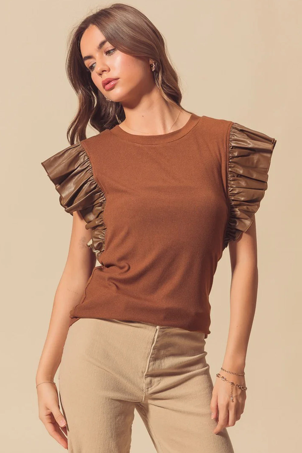 Cinnamon Leather Ruffle Sleeve Patchwork Round Neck Blouse