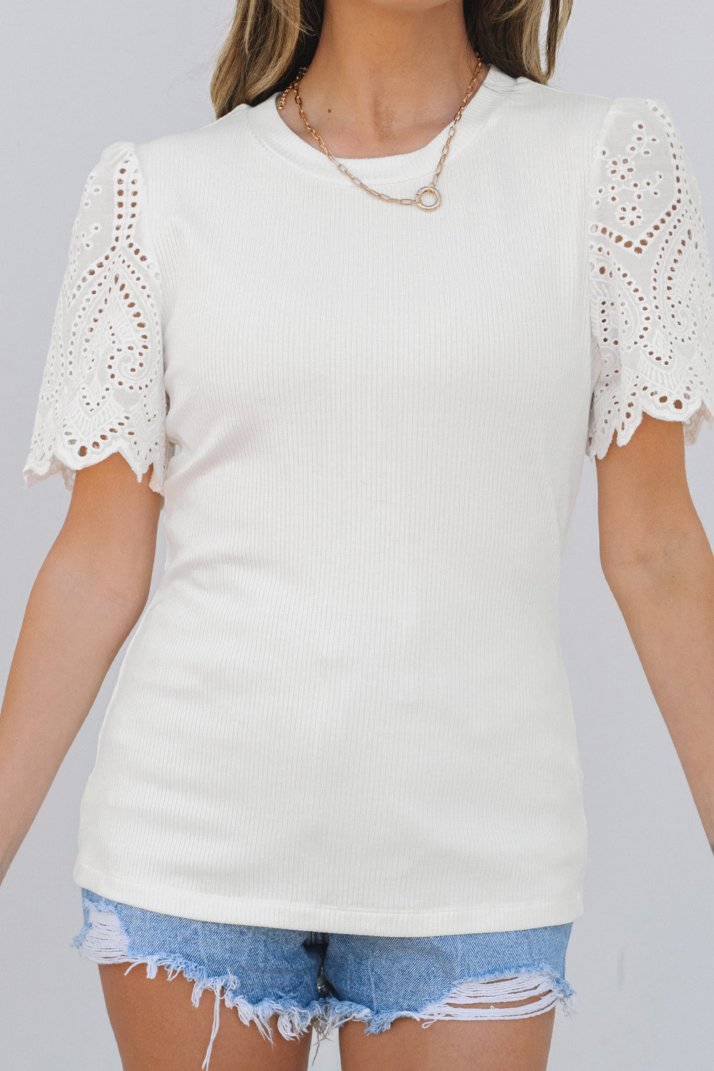 White Eyelet Pattern Short Sleeve Patchwork Ribbed Top