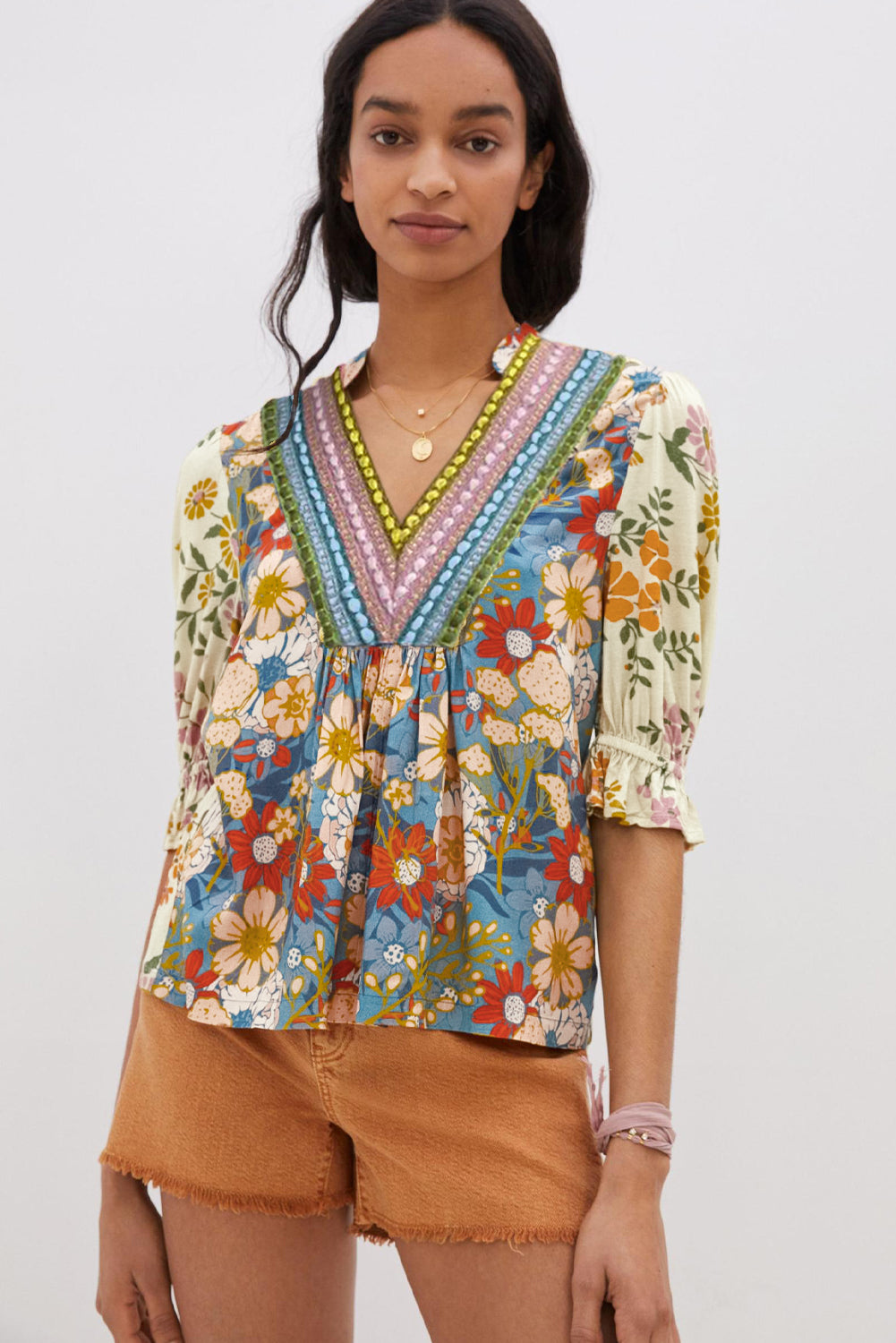 Multicolour Crochet V Neck Half Sleeve Boho Floral Blouse