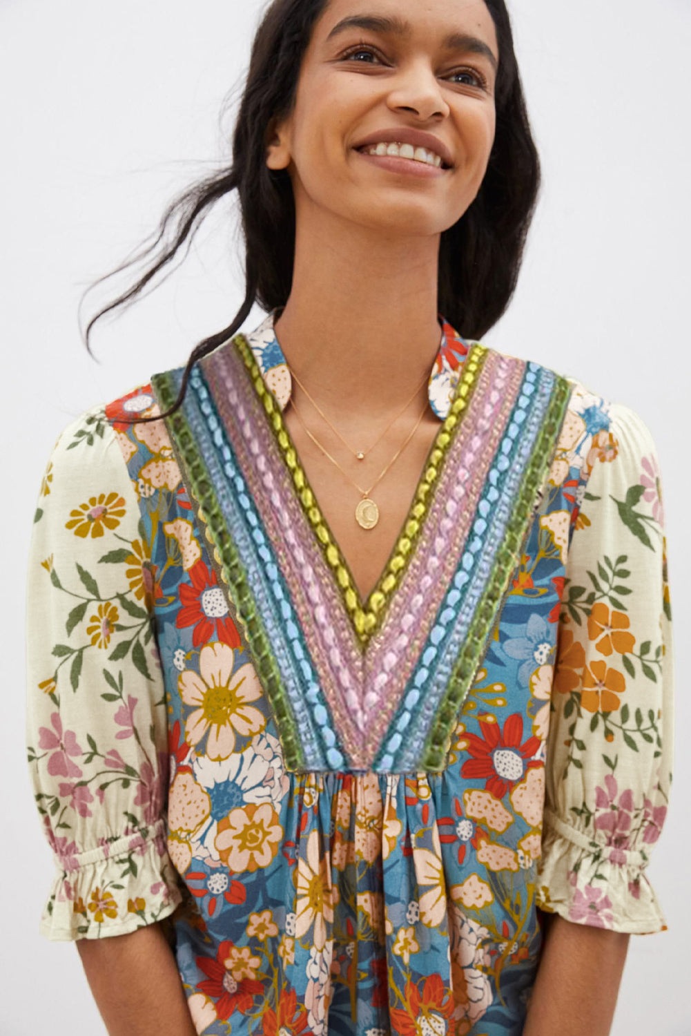 Multicolour Crochet V Neck Half Sleeve Boho Floral Blouse