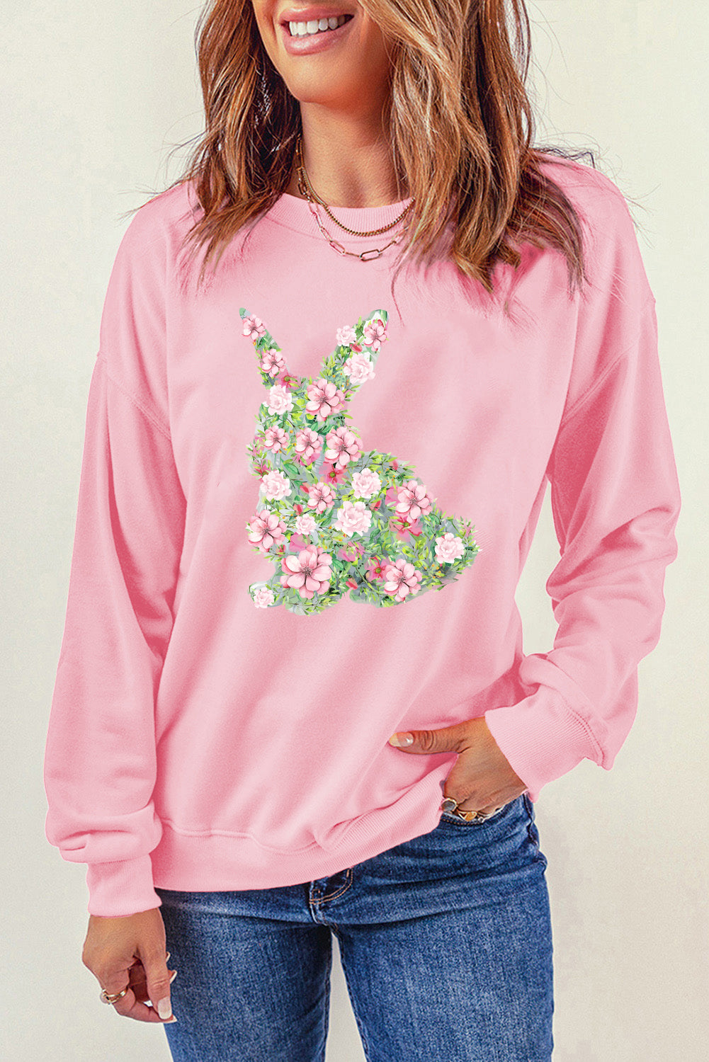 Pink Floral Bunny Printed Crewneck Easter Fashion Sweatshirt