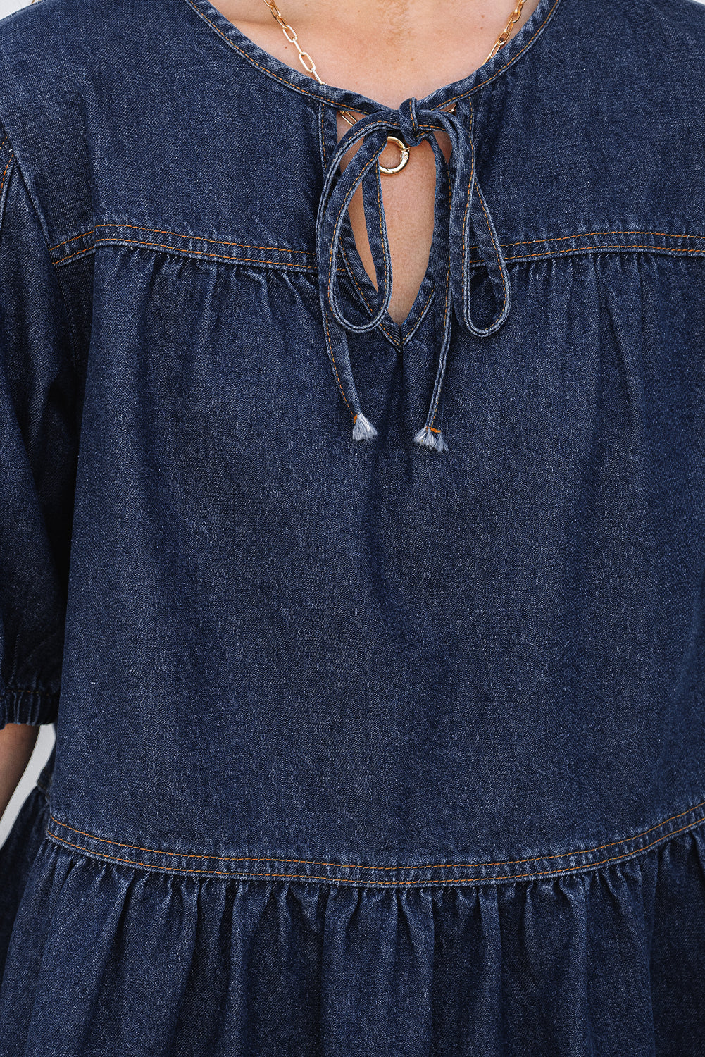 Sail Blue Puff Sleeve Lace-up Neckline Splicing Denim Blouse